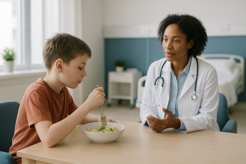 Child eating salad with female doctor in consultation: Who each option is usually for, and who is usually asked to wait