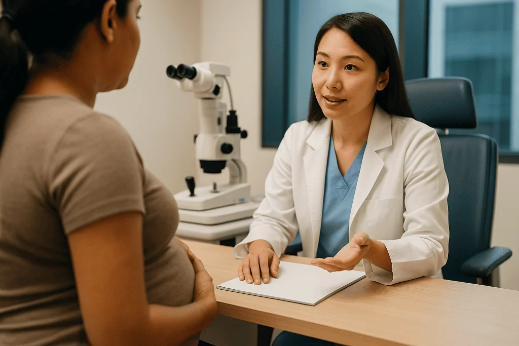 Doctor consulting patient at desk in clinical setting: Who femto LASIK is usually for, and who is asked to wait