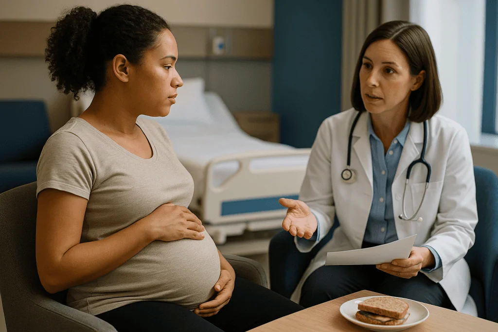 Pregnant patient in consultation with female doctor: Who fetal surgery is usually for, and who is usually asked to wait