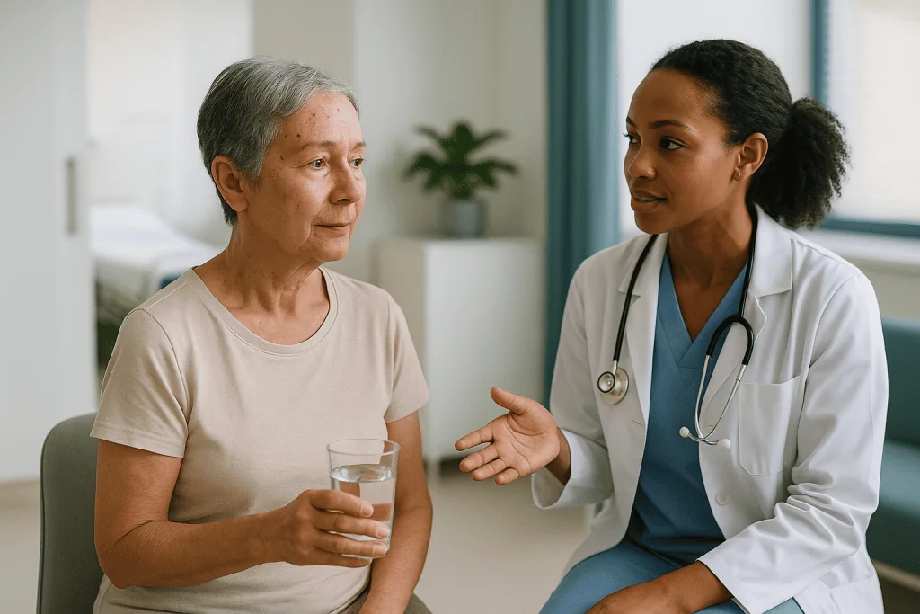 Doctor consulting with senior patient in clinical office: Who fibroblast plasma is usually for, and who is usually asked to 