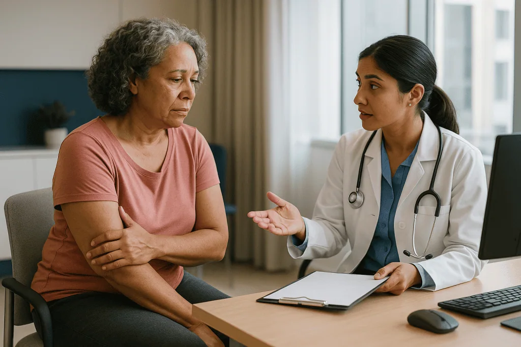 Doctor consulting with middle-aged female patient about symptoms: Who gets a fibromyalgia diagnosis, and who is asked to wai