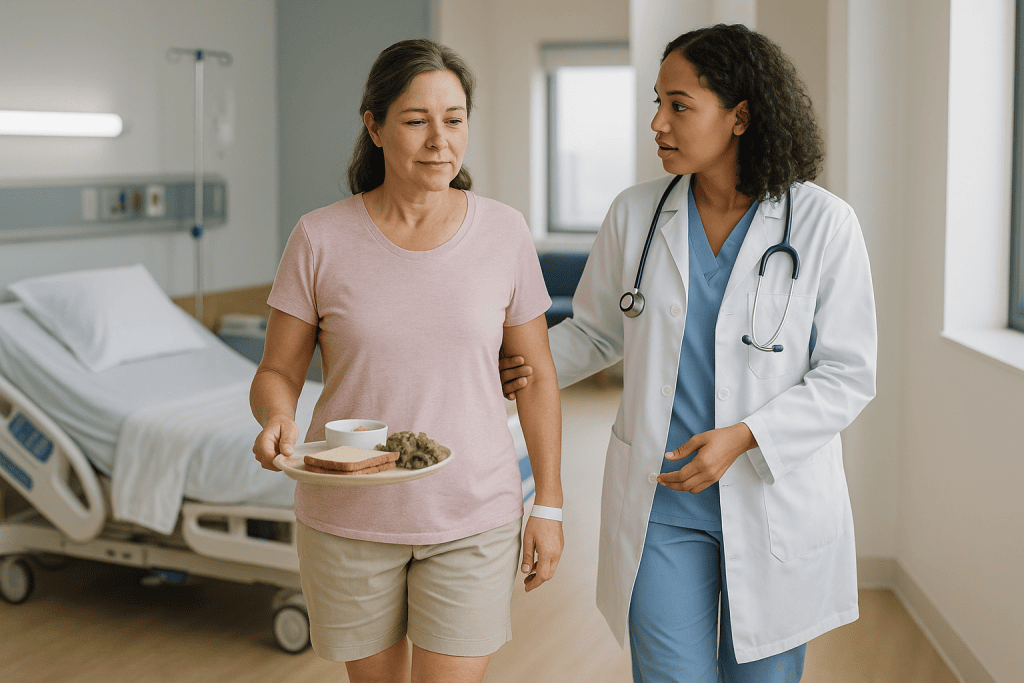 Doctor consulting patient with meal tray in hospital room: Who goes home quickly, and who is usually asked to stay longer?