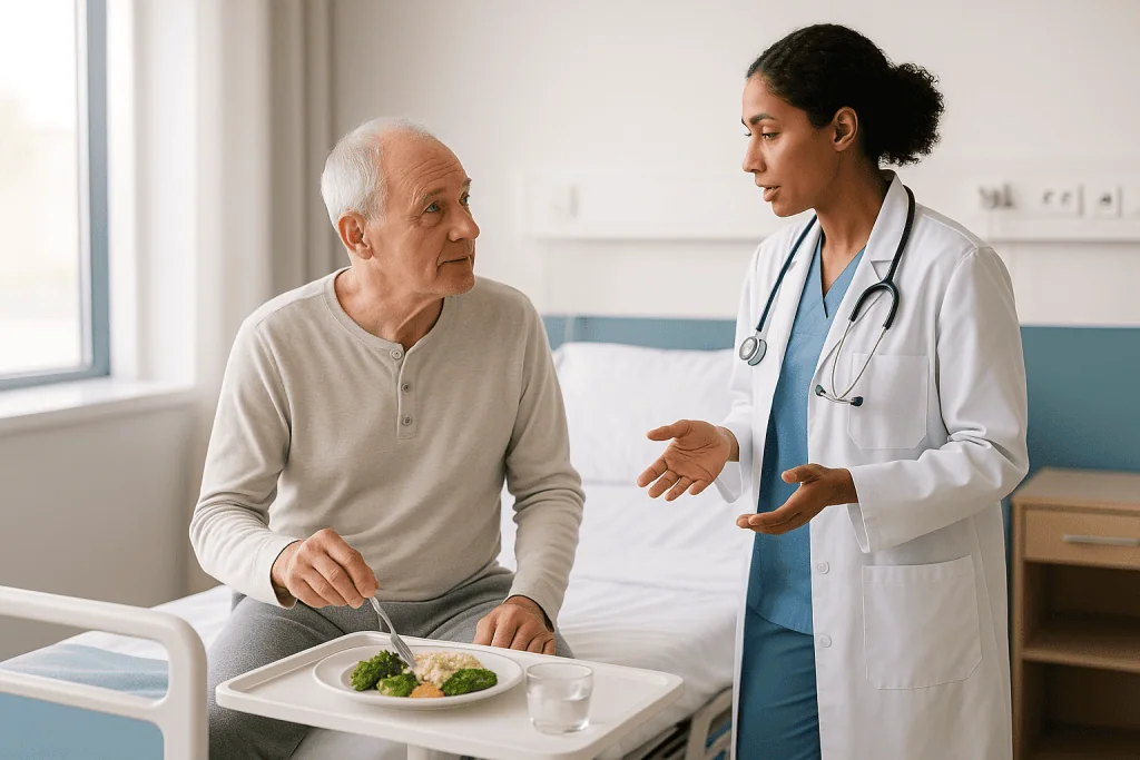 Doctor consulting senior male patient about meal during recovery: Who goes home within days, and who is asked to wait longer