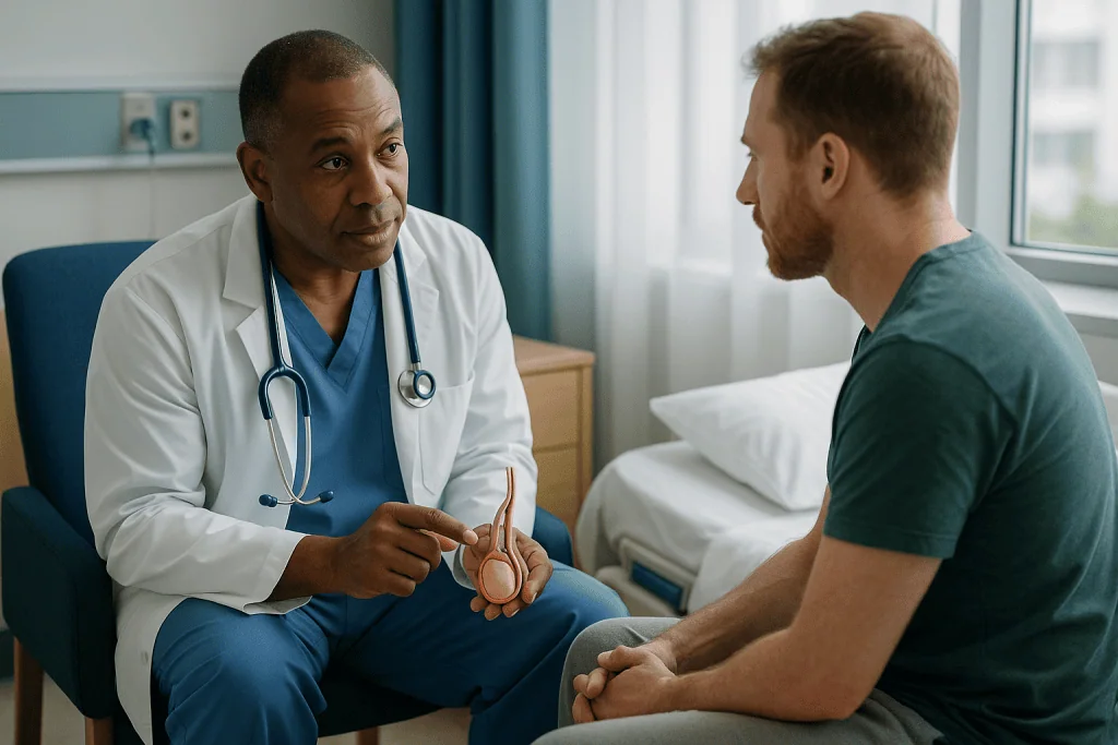 Doctor consulting male patient about urological condition: Who has an orchiectomy first, and who is usually asked to wait