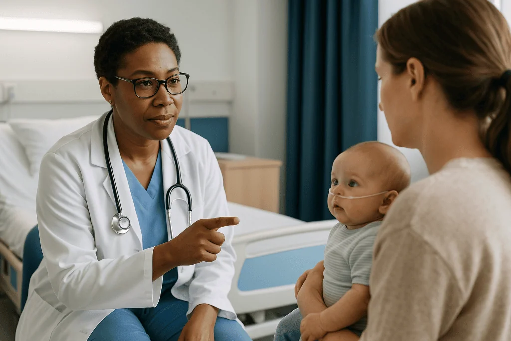 Pediatrician consulting with mother about infant in clinic: Who has surgery early, and who is usually asked to wait