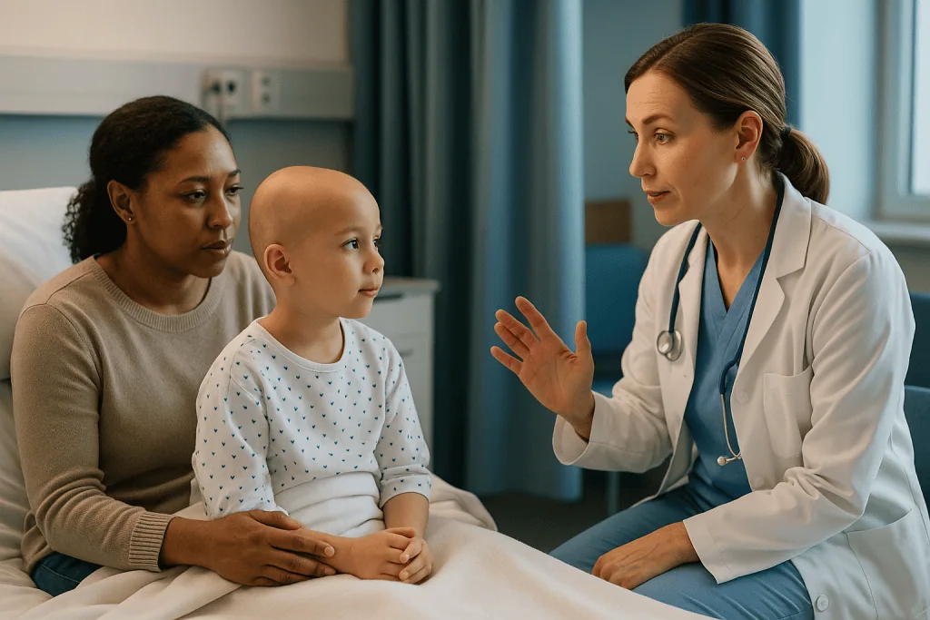 Doctor consulting with child patient and mother in hospital: Who has surgery first, and who is usually asked to wait?