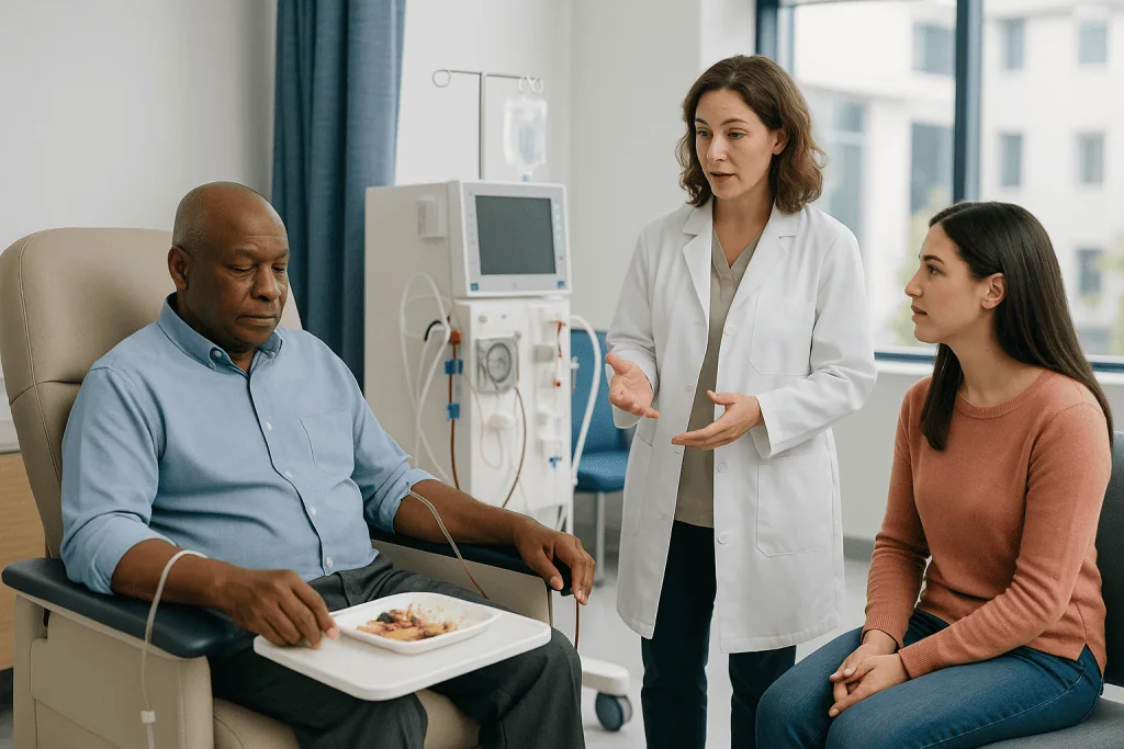 Doctor consulting patient and companion in clinical setting: Who hemodialysis is usually for, and who is usually asked to wa