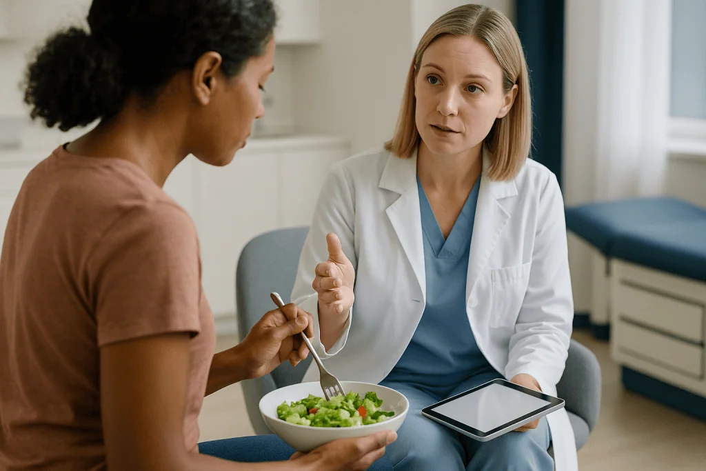 Doctor consulting patient about salad nutrition: Who IPL photorejuvenation is usually for, and who is usually asked to wait