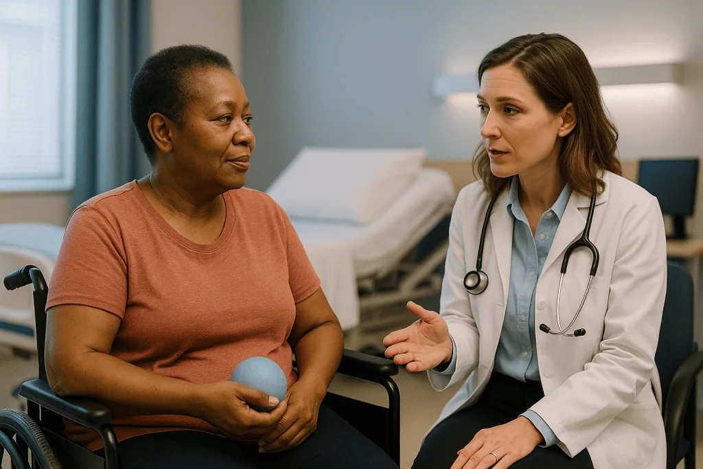 Doctor consulting with patient in clinical setting: Who is a baclofen pump usually for, and who is usually asked to wait?