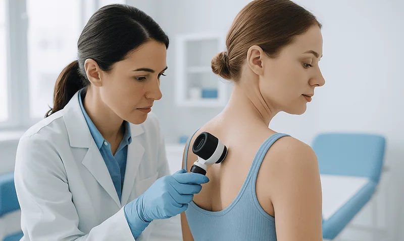 Doctor examining woman's back with a dermatoscope in a clinical setting.