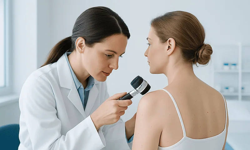 Dermatologist examining a woman's skin with a magnifying glass in a clinical setting.
