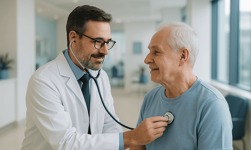 Doctor examining an elderly male patient with a stethoscope in a hospital.