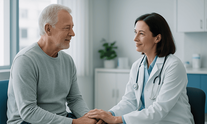 Doctor consulting with an elderly male patient in a medical office.