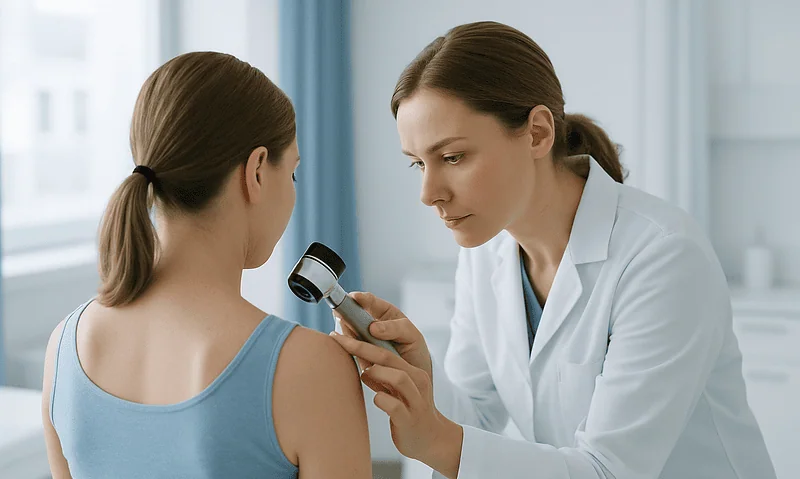 Doctor examining a woman's shoulder with a dermatoscope in a clinical setting.
