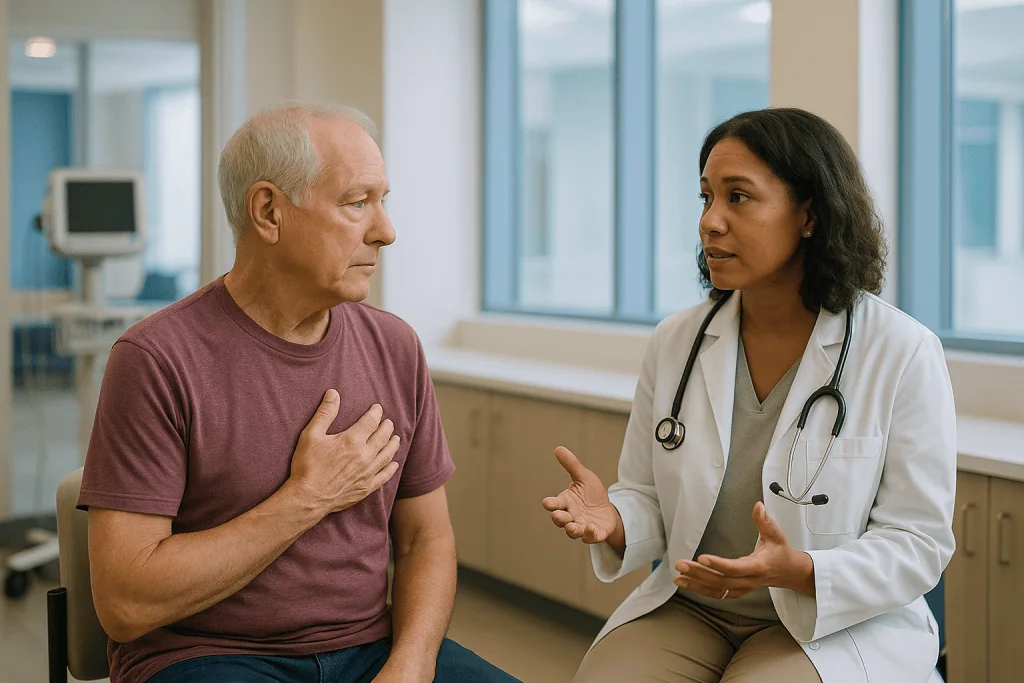 Senior male patient consulting with female cardiologist in clinic: Who is a candidate for cardiac ablation? The three questi