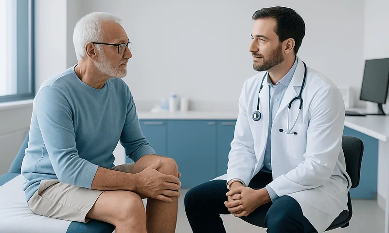 Doctor consulting with elderly patient in a medical office.