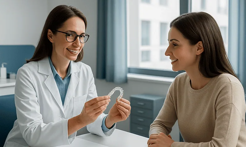 Dentist explaining clear aligners to a patient in a clinic setting.