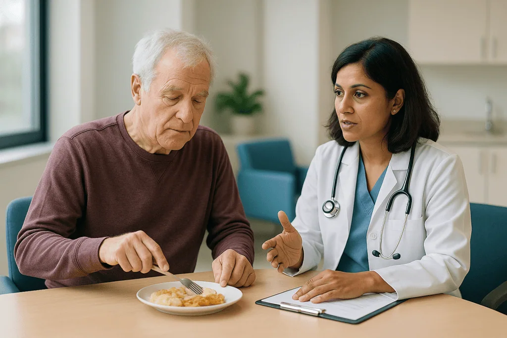 Doctor consulting elderly patient about food intake: Who is a candidate for DBS in Parkinson's? The core checklist clinics u