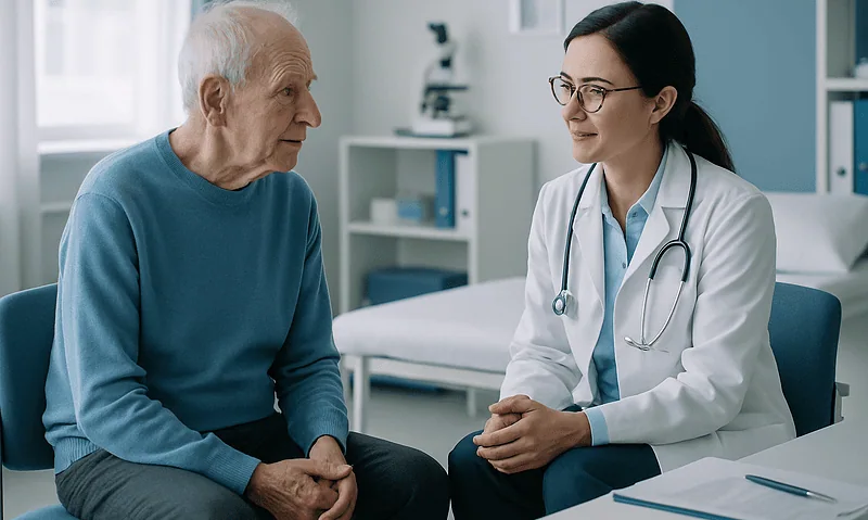 Doctor consulting with elderly patient in a medical office.