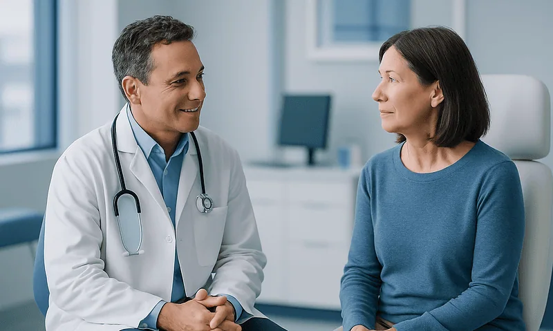 Doctor consulting with a female patient in a medical office.