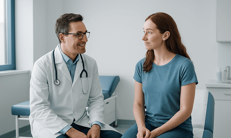 Doctor consulting with a female patient in a medical office.