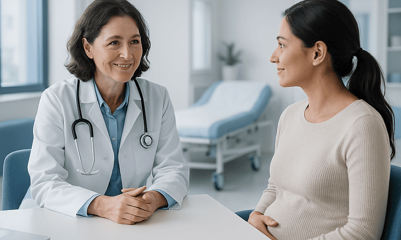 Doctor consulting with a pregnant woman in a hospital room.
