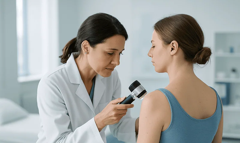 Dermatologist examining a patient's shoulder with a dermatoscope in a clinical setting.