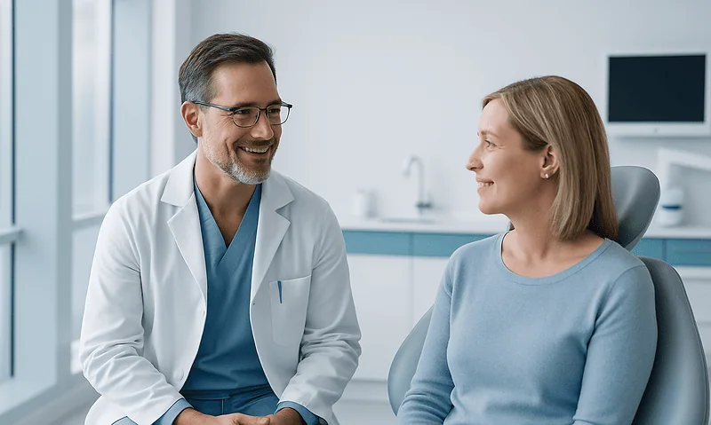 Dentist consulting with a female patient in a modern clinic setting.