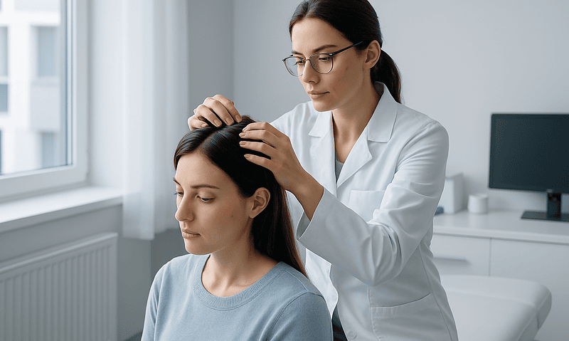 Doctor examining woman's scalp for hair health assessment.