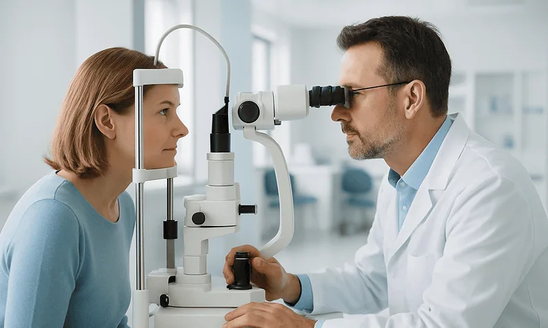 Ophthalmologist examining a woman's eyes with a slit lamp in a clinic.