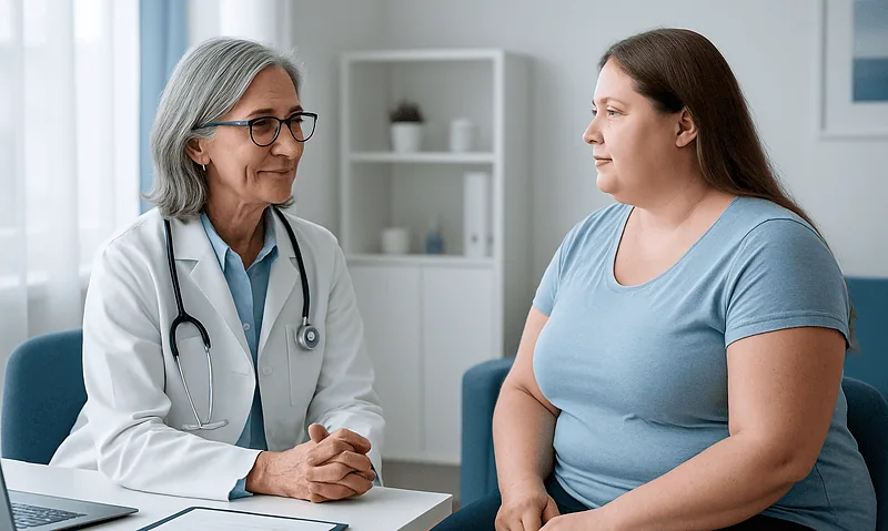 Doctor consulting with a patient about lipedema at a clinic.