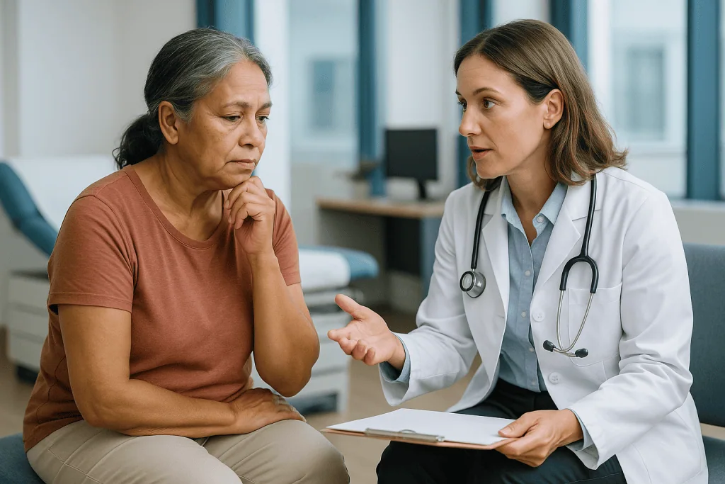 Female doctor consulting with middle-aged female patient: Who is a candidate for neuromodulation? The four questions clinici