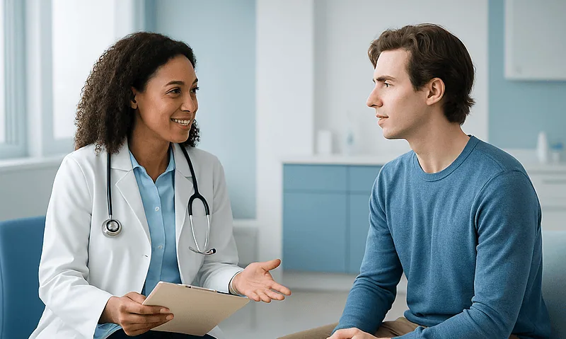 Doctor consulting with a young male patient in a medical office.