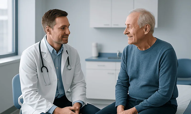Doctor consulting with an elderly male patient in a medical office.