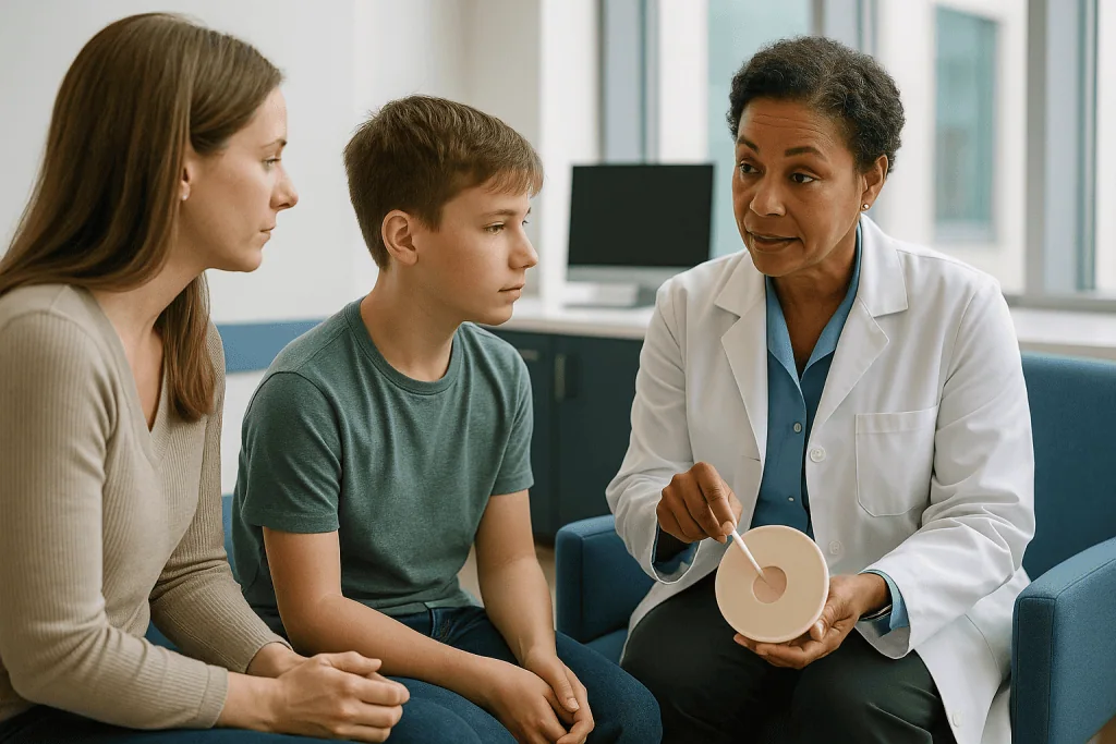 Doctor consulting with mother and young boy in clinic: Who is a candidate for proton therapy? The three questions teams ask