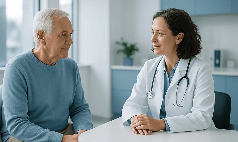 Doctor consulting with senior male patient in a hospital setting.