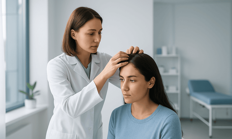 Doctor examining woman's scalp in a clinical setting for hair health.