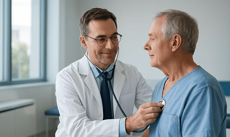 Doctor examining an elderly male patient with a stethoscope in a hospital room.