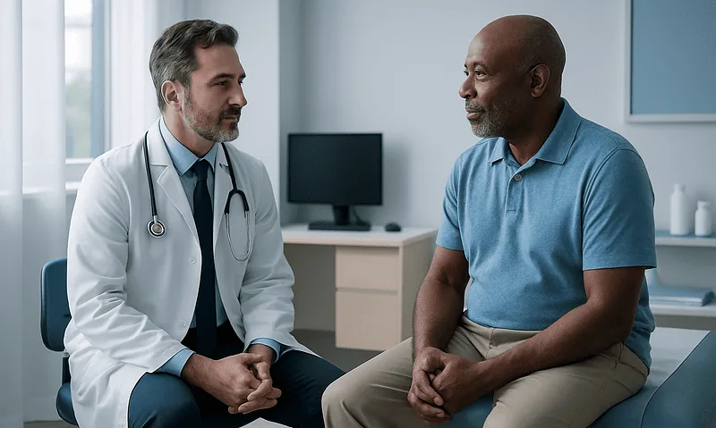 Doctor consulting with patient in a medical office setting.