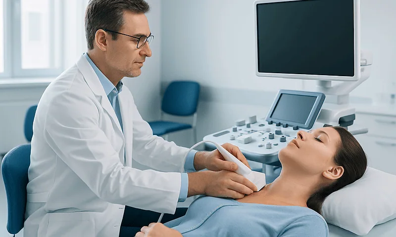 Doctor performing thyroid ultrasound on patient in hospital room.
