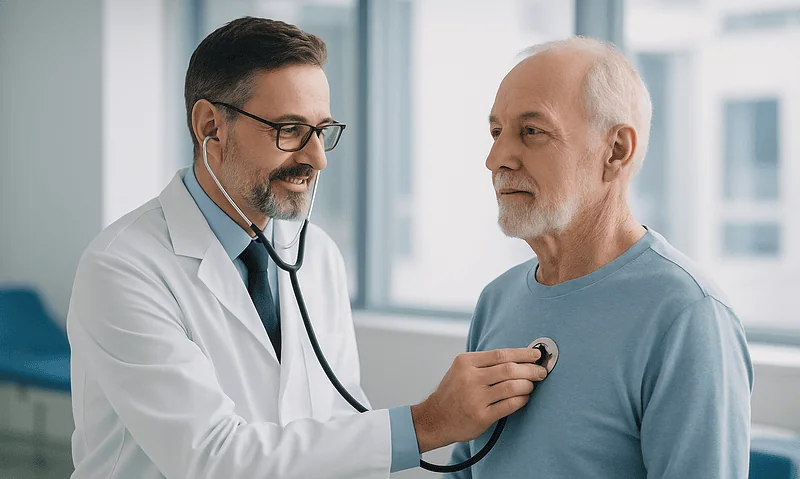 Doctor examining an elderly male patient with a stethoscope in a clinic.