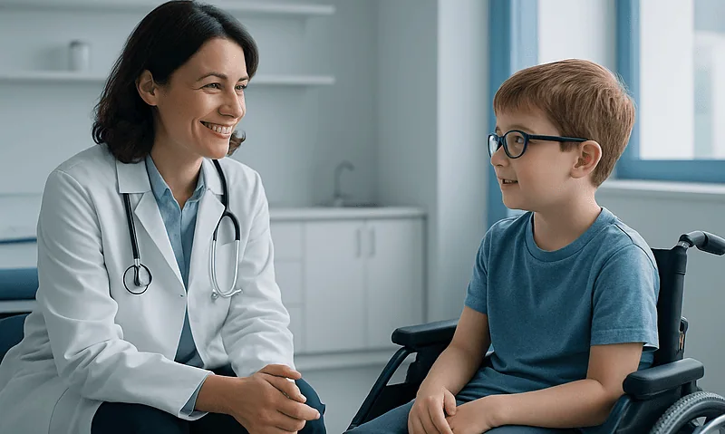 Pediatric neurologist consulting with a young boy in a wheelchair at a hospital.
