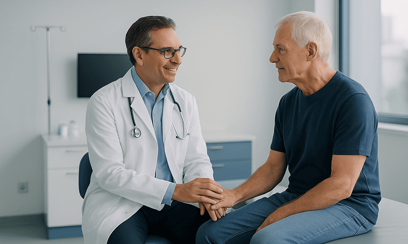 Doctor consulting with elderly patient in hospital room.