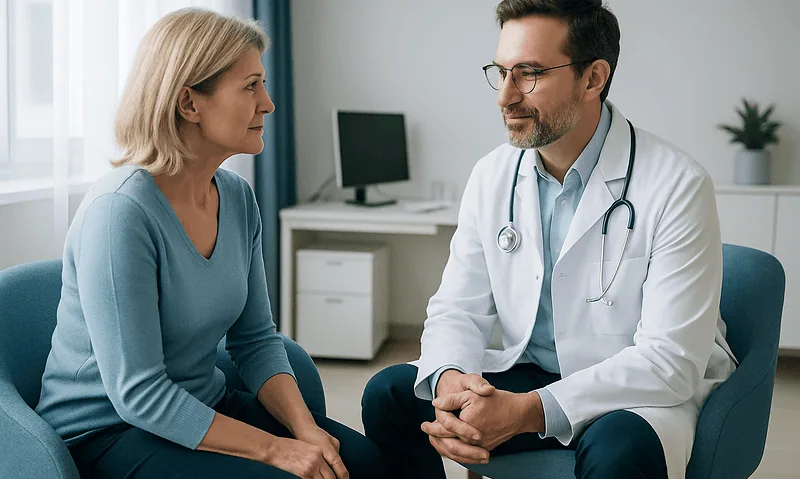 Doctor consulting with a female patient in a medical office.
