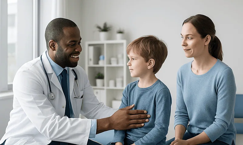Pediatric consultation with doctor, child, and mother in clinic setting.