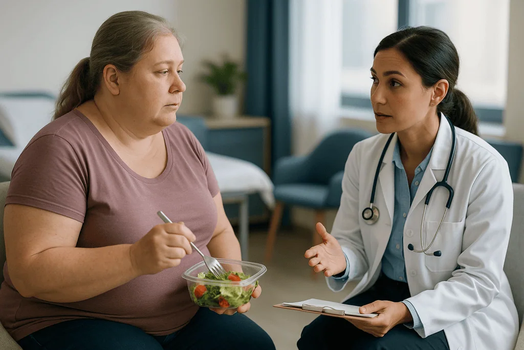 Doctor consulting patient about healthy eating salad: Who is a fat grafting candidate, and who is usually asked to wait?