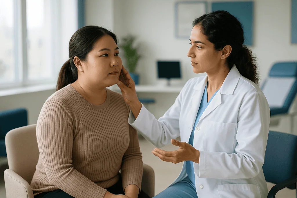 Doctor consulting patient in clinical office setting: Who is a good bichectomy candidate?