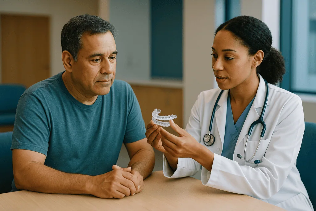 Doctor showing oral appliance model to male patient — Who is a good candidate for oral appliance therapy for sleep apnea inst