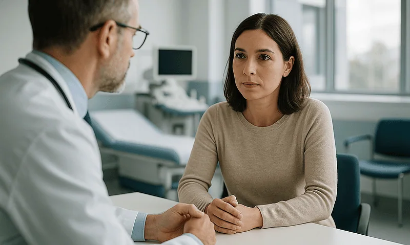 Doctor consulting with a young woman in a medical office setting.