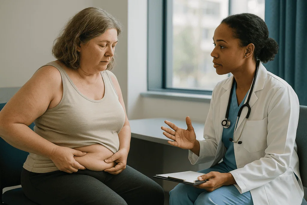 Doctor consulting obese patient about general health: Who is a good candidate for vaser lipo, and who is usually asked to wa